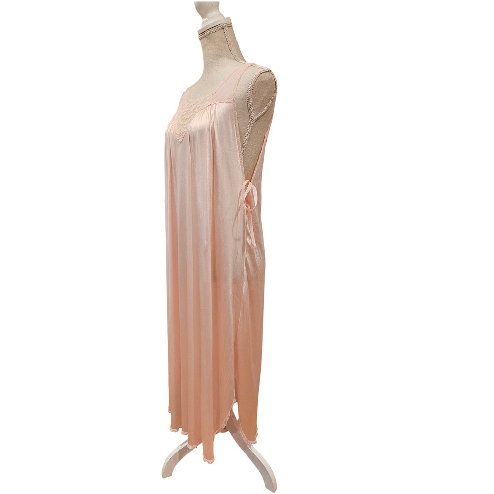 Vintage Samye Pink Lace Trim‎ Satin Nightgown Lingerie Slip Dress Medium